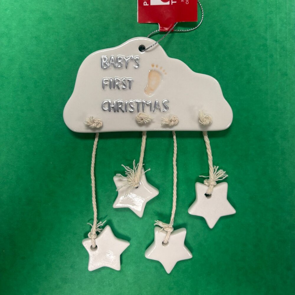 BABY'S FIRST CHRISTMAS Ornament 4" Cloud Stars Chimes Footprint Beige NEW
